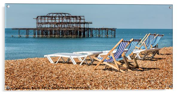 Brighton Beach West Pier Deckchairs. Acrylic by Len Brook