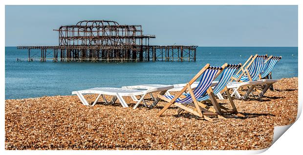 Brighton Beach West Pier Deckchairs. Print by Len Brook