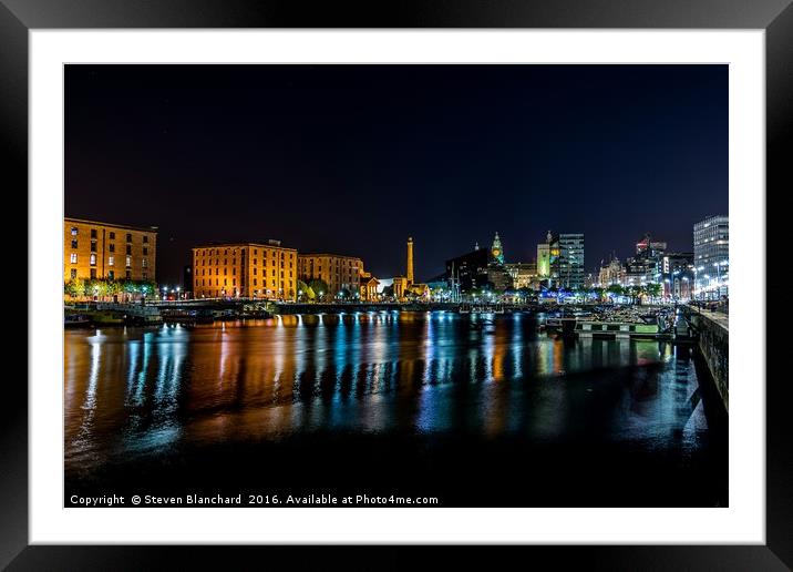 Albert Dock at night  Framed Mounted Print by Steven Blanchard