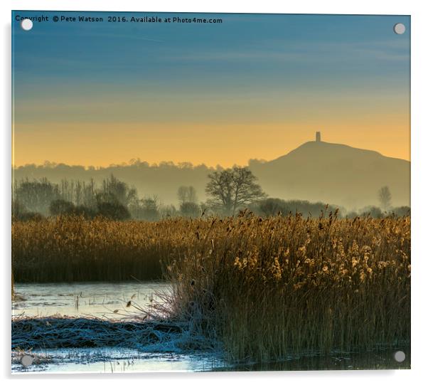 Glastonbury Tor shrouded in early morning mist. Acrylic by Pete Watson