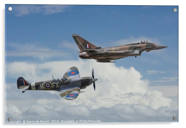 Old Friends; Spitfire & Eurofighter Typhoon Acrylic by Steve de Roeck