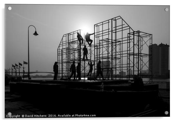 Black and white Scaffolding erectors Acrylic by David Hitchens