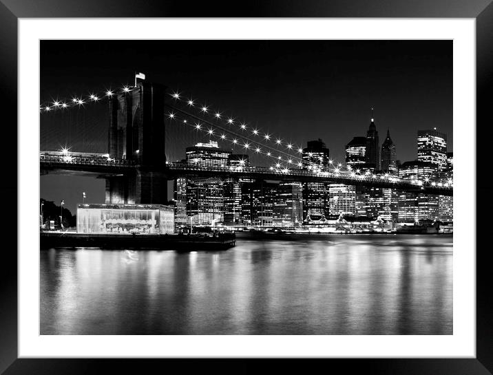 Night Skyline MANHATTAN Brooklyn Bridge Framed Mounted Print by Melanie Viola
