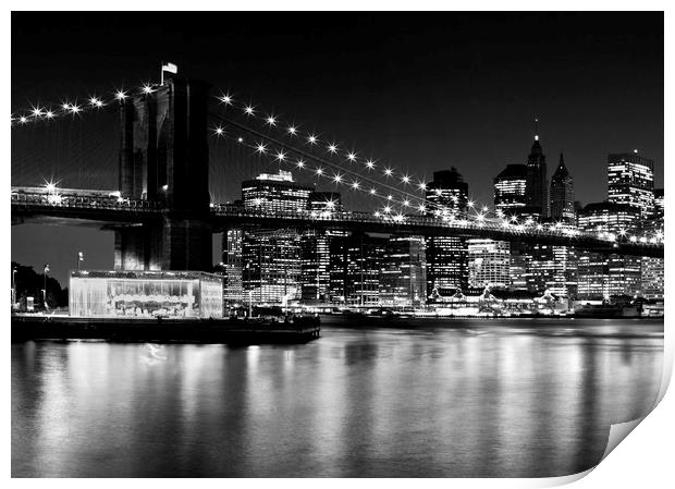 Night Skyline MANHATTAN Brooklyn Bridge Print by Melanie Viola