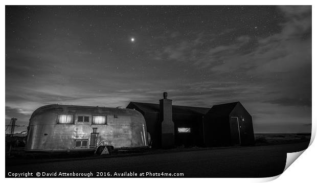 Dungeness House & Airstream under the stars Print by David Attenborough