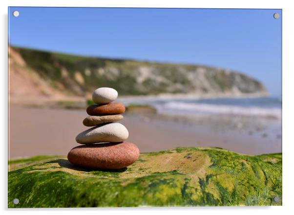 Pebbles Stacked on the beach in Swanage Dorset  Acrylic by Shaun Jacobs