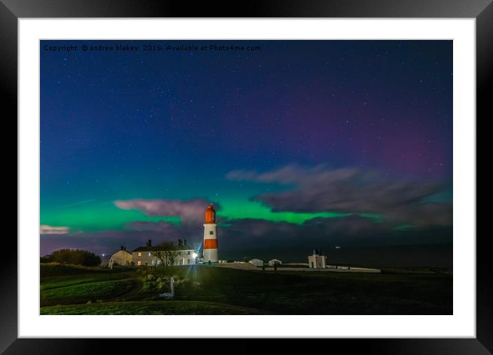 Northern lights over Souter Lighthouse Framed Mounted Print by andrew blakey