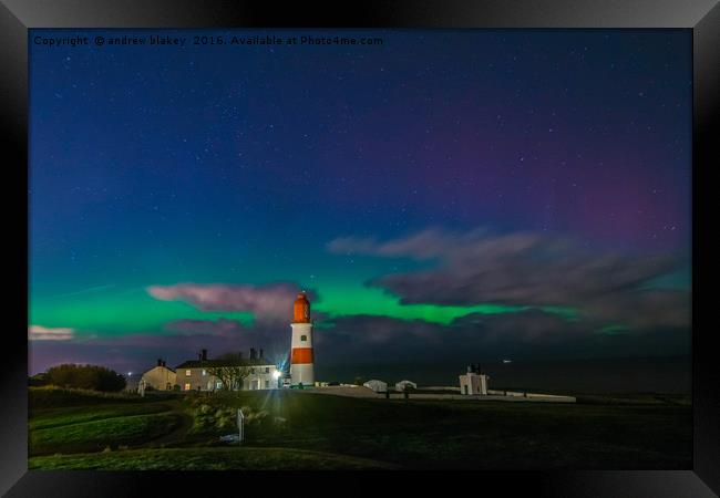 Northern lights over Souter Lighthouse Framed Print by andrew blakey