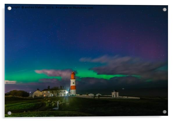 Northern lights over Souter Lighthouse Acrylic by andrew blakey