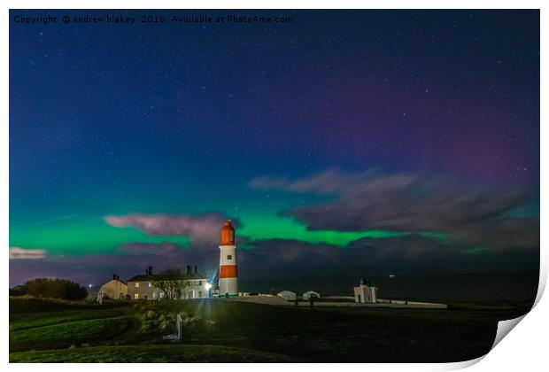 Northern lights over Souter Lighthouse Print by andrew blakey