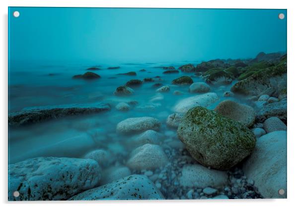 Rocks on the Beach on a misty morning Acrylic by Shaun Jacobs
