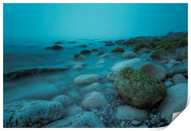Rocks on the Beach on a misty morning Print by Shaun Jacobs
