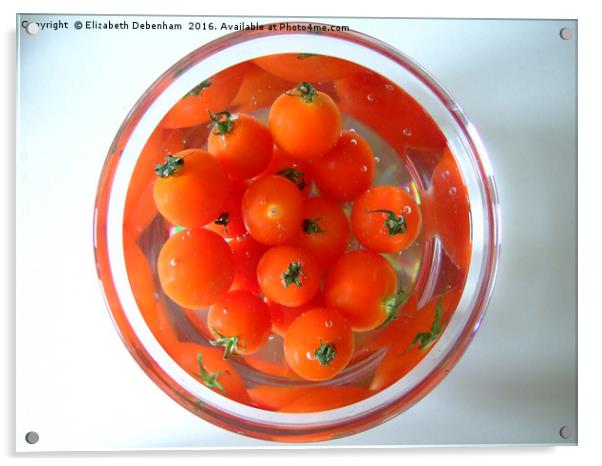 A bowl of baby tomatoes arranged in water. Acrylic by Elizabeth Debenham