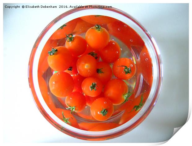A bowl of baby tomatoes arranged in water. Print by Elizabeth Debenham