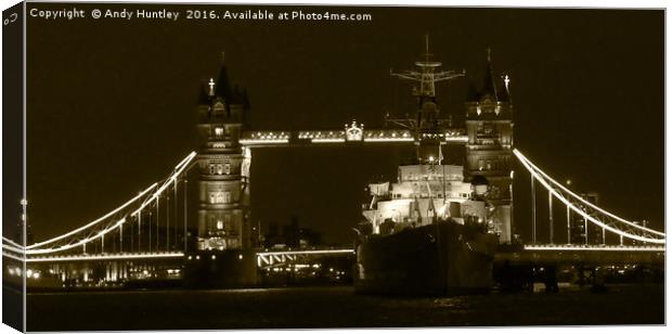 HMS Belfast at Night Canvas Print by Andy Huntley