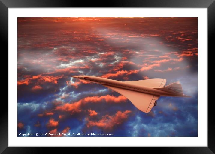 Concorde flying in a sunrise clouds Framed Mounted Print by Jim O'Donnell