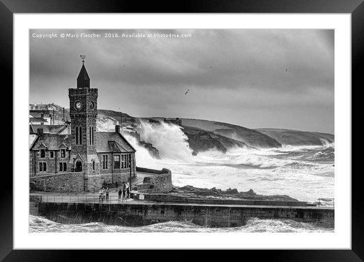 Porthleven in Black and White Framed Mounted Print by Mary Fletcher