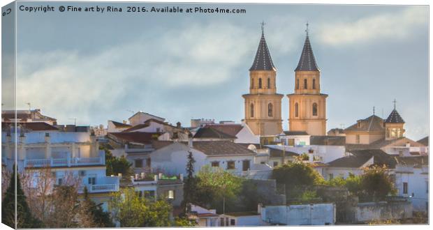 Twin spires of Orgiva town church, in the Alpujarras Spain Canvas Print by Fine art by Rina