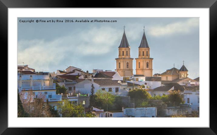 Twin spires of Orgiva town church, in the Alpujarras Spain Framed Mounted Print by Fine art by Rina