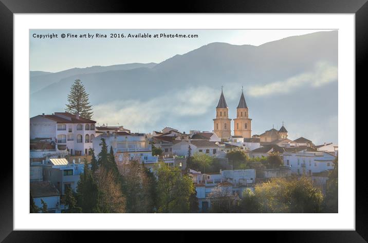 Twin spires of Orgiva town church, in the Alpujarras Spain Framed Mounted Print by Fine art by Rina