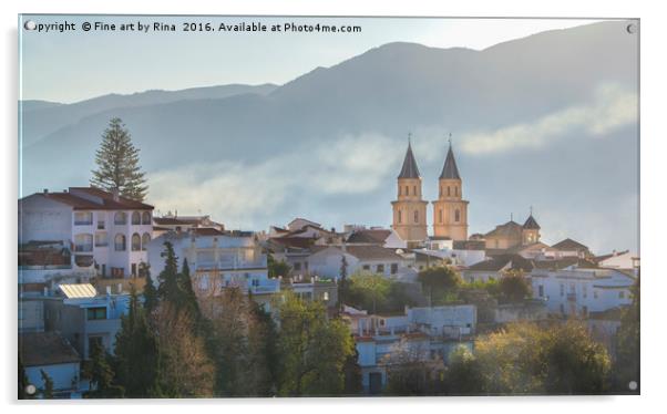Twin spires of Orgiva town church, in the Alpujarras Spain Acrylic by Fine art by Rina