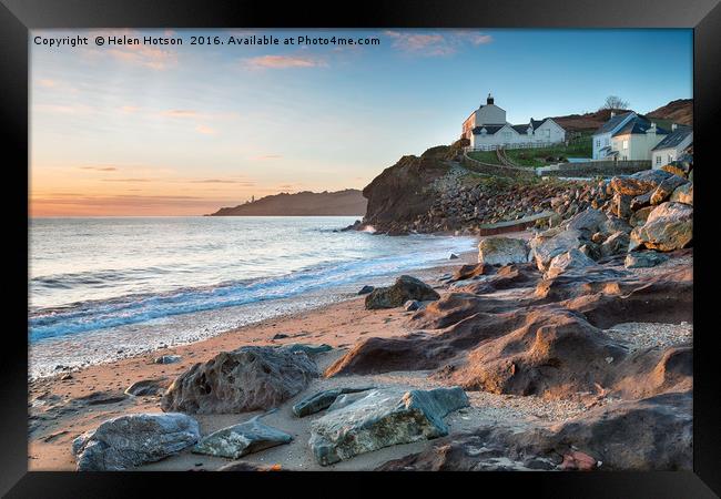 Cottages at Hallsands in Devon Framed Print by Helen Hotson