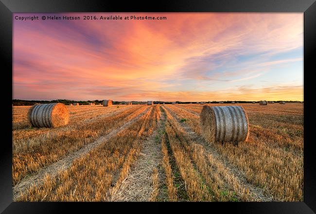 Hay Bales at Sunset Framed Print by Helen Hotson