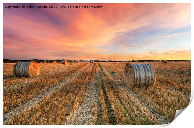 Hay Bales at Sunset Print by Helen Hotson