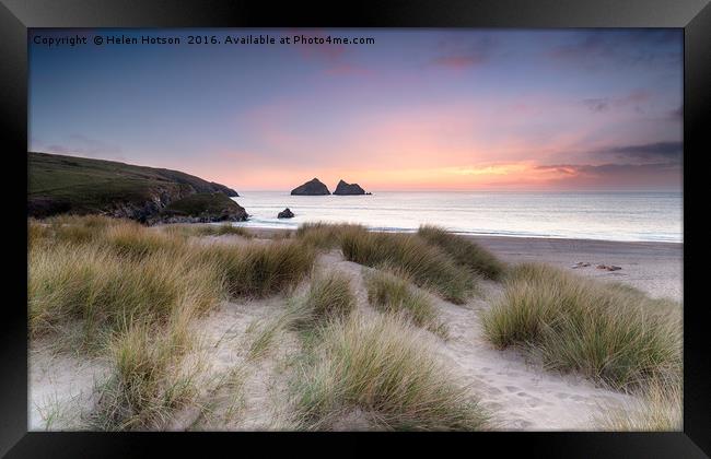 Sunset over Sand Dunes on the Cornwall Coastline Framed Print by Helen Hotson