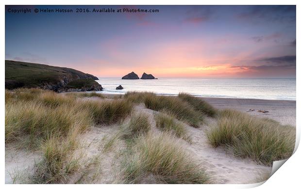 Sunset over Sand Dunes on the Cornwall Coastline Print by Helen Hotson