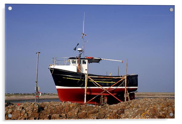 Red and black fishing boat on Lindisfarne Acrylic by Simon Marshall