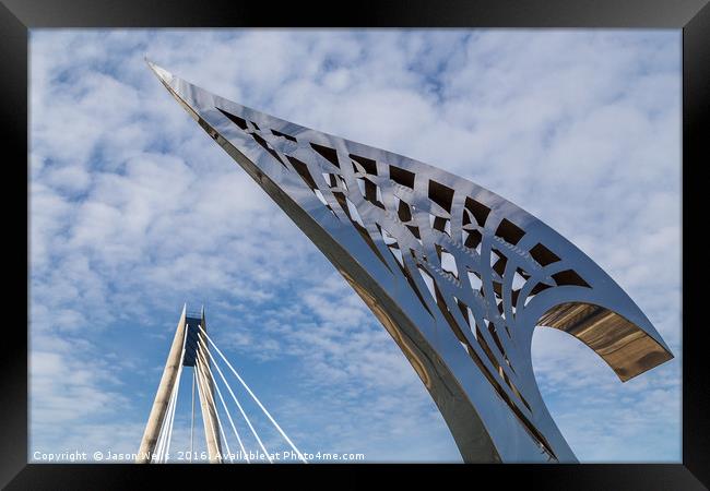 Fish symbols in front of the bridge Framed Print by Jason Wells