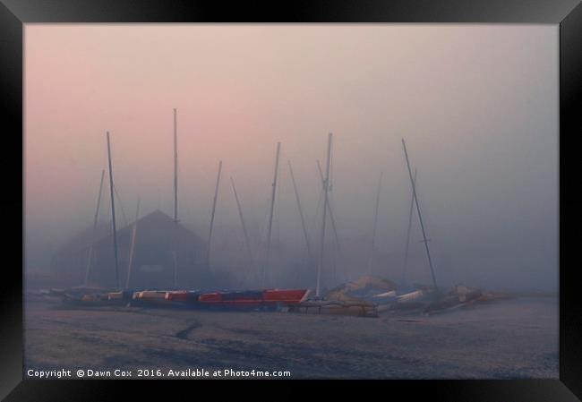 Boatyard in the Fog Framed Print by Dawn Cox