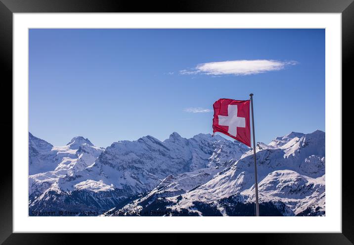 Swiss flag flying high Framed Mounted Print by Steve Hughes