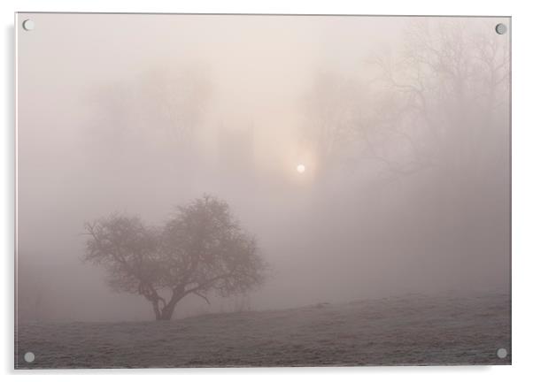 Sunrise through fog behind Hilborough Church. Norf Acrylic by Liam Grant