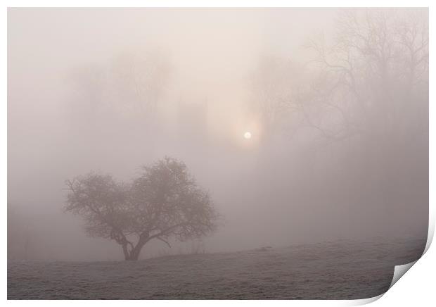 Sunrise through fog behind Hilborough Church. Norf Print by Liam Grant