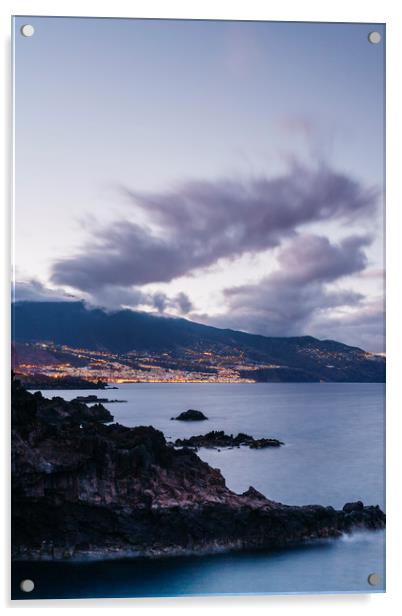 Volcanic coastline and lights of Santa Cruz at twi Acrylic by Liam Grant
