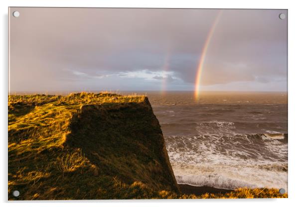 Rainbow and stormy sky at sunset. Sheringham, Norf Acrylic by Liam Grant