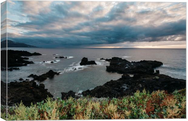 Volcanic coastline at sunrise. La Palma, Canary Is Canvas Print by Liam Grant