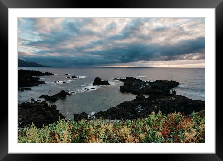 Volcanic coastline at sunrise. La Palma, Canary Is Framed Mounted Print by Liam Grant