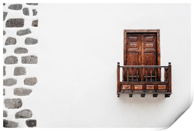 Wooden window door and balcony in a white wall. La Print by Liam Grant