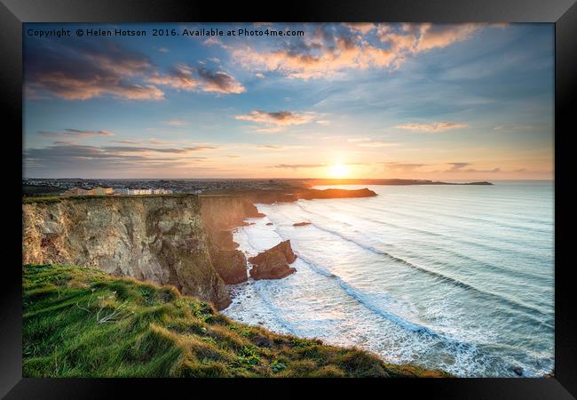 Beautiful Sunset over Porth in Newquay Framed Print by Helen Hotson