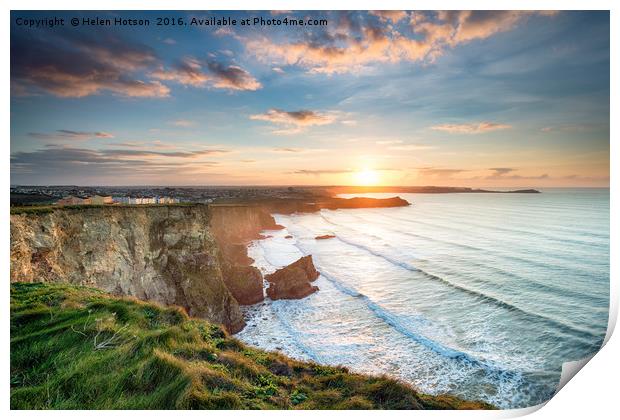 Beautiful Sunset over Porth in Newquay Print by Helen Hotson