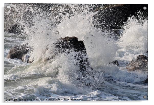 Rough Sea breaking over rocks Acrylic by Rosie Spooner