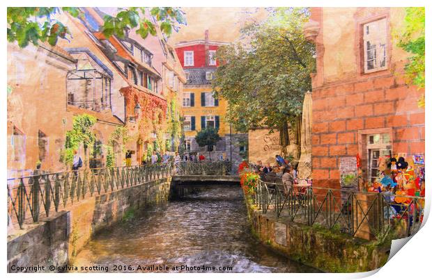 A stream in a town  Print by sylvia scotting