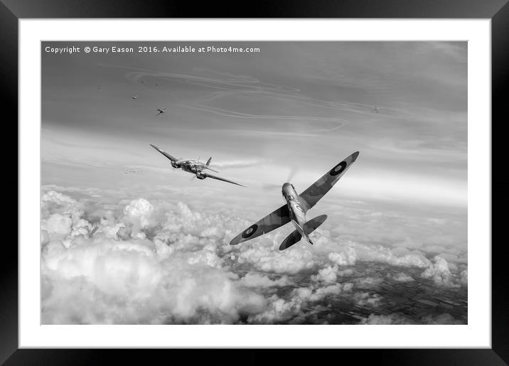 Spitfire attacking Heinkel bomber black and white  Framed Mounted Print by Gary Eason