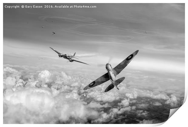 Spitfire attacking Heinkel bomber black and white  Print by Gary Eason