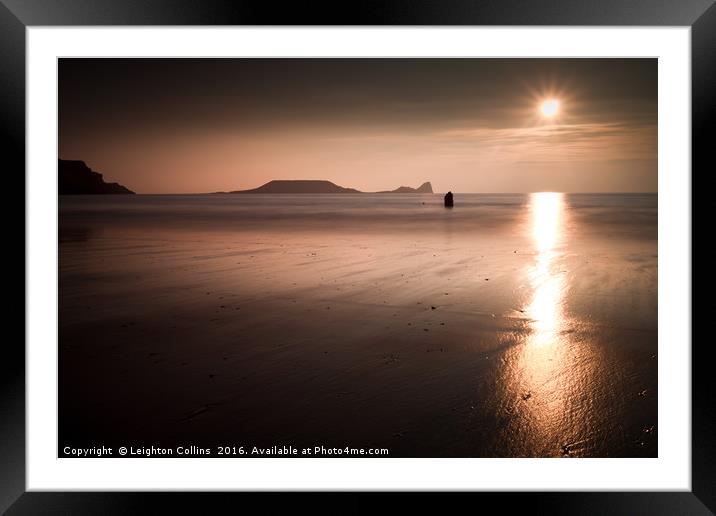 Sunset and wet sand at Worms Head Framed Mounted Print by Leighton Collins