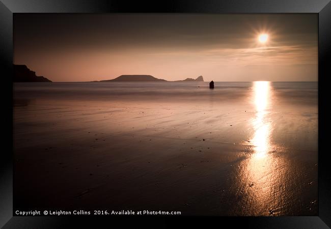 Sunset and wet sand at Worms Head Framed Print by Leighton Collins
