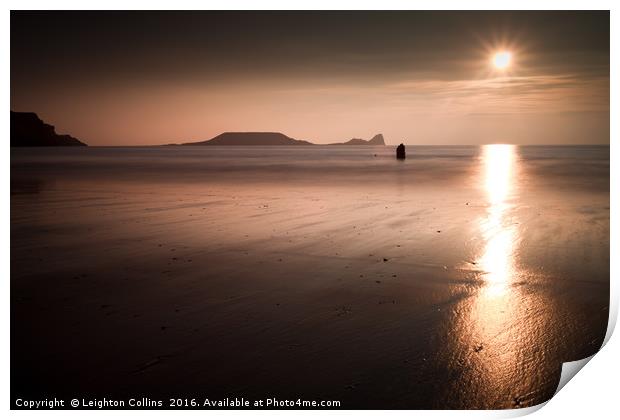 Sunset and wet sand at Worms Head Print by Leighton Collins